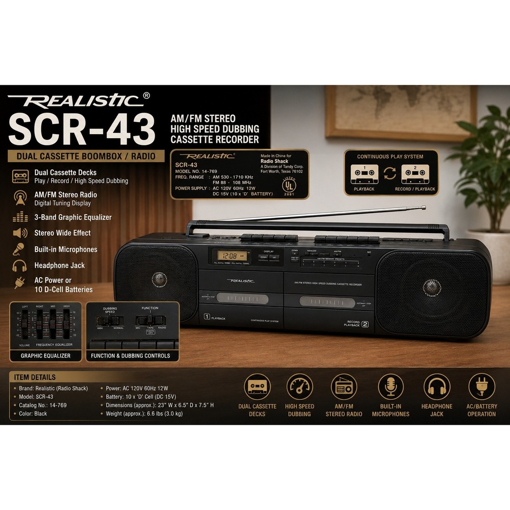 Realistic SCR-43 Dual Cassette Boombox Radio AM/FM‎ 14-769 Black Vintage